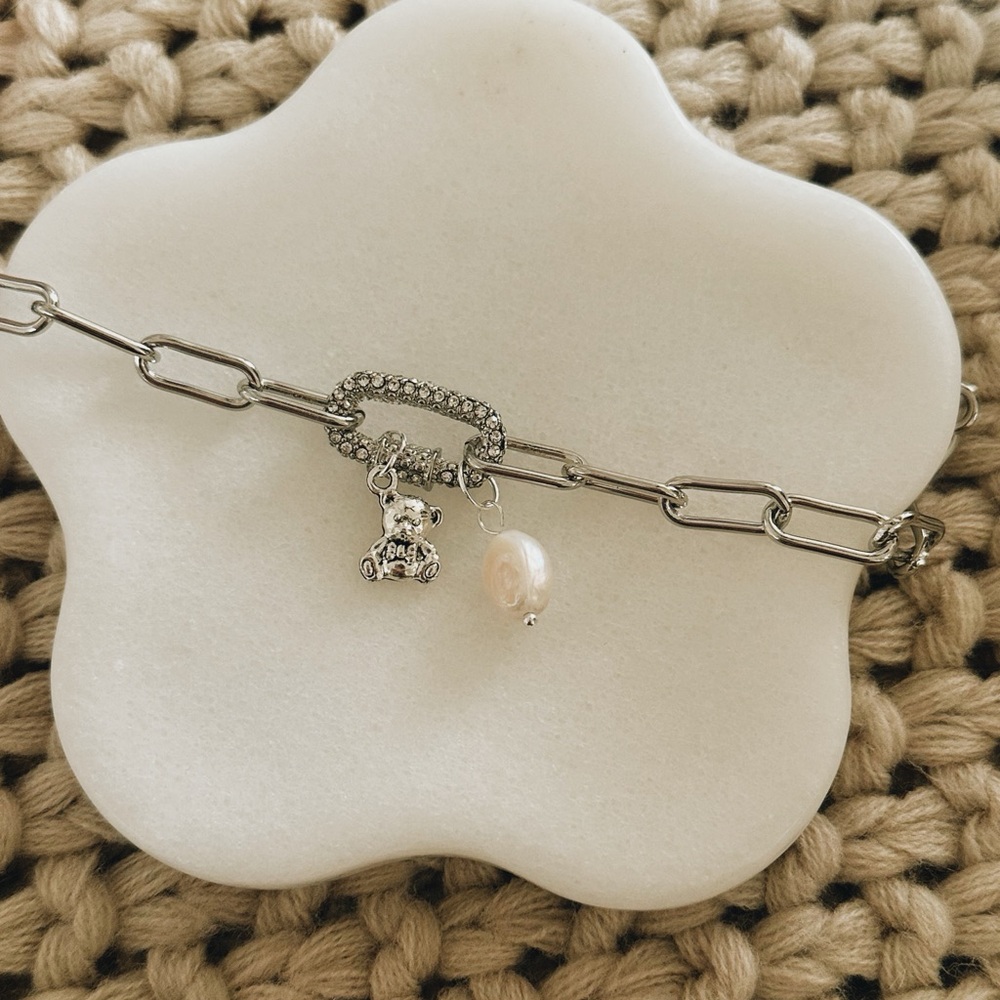 Handmade Silver Plated Charm Necklace - Teddy Bear, Pearl